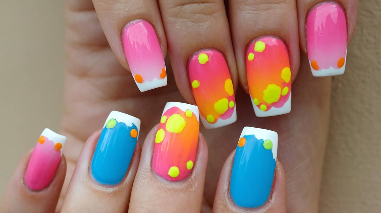 Bright pink and blue acrylic nails with a fun polka dot design and white French tips.