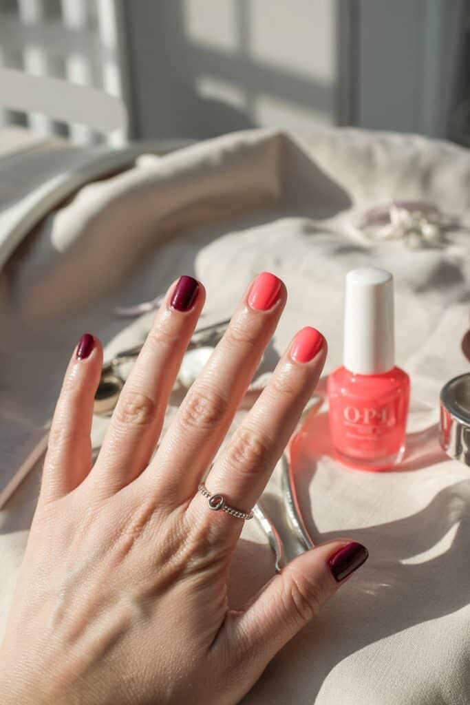 Hand displaying alternating burgundy and coral nail polish with an OPI polish bottle visible.