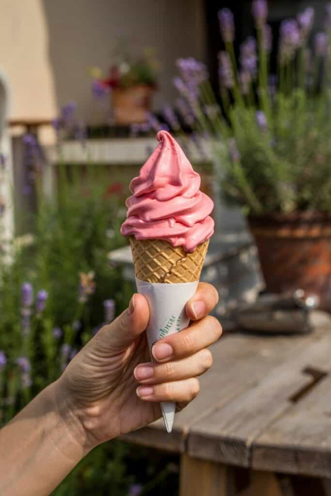 Hand holding a pink soft-serve ice cream cone against a background of lavender plants.