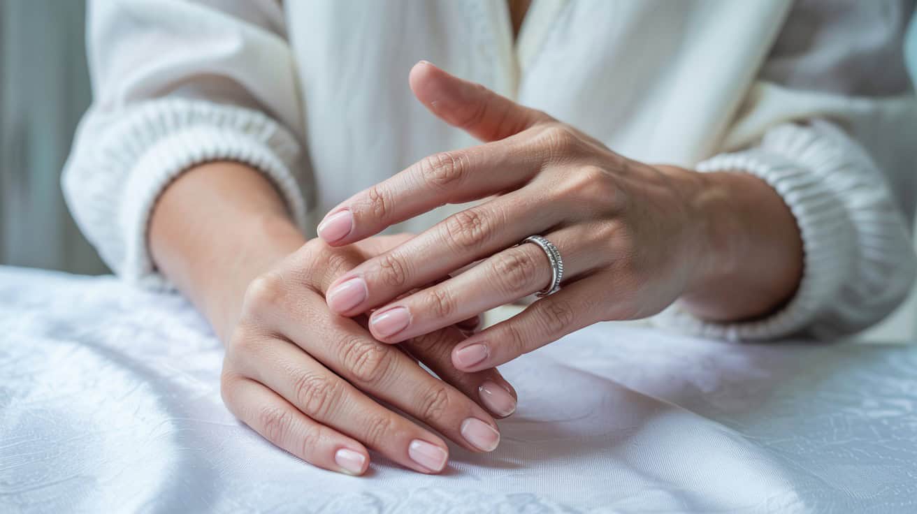 Well-manicured hands with soft pink polish and a delicate ring resting on a white surface.
