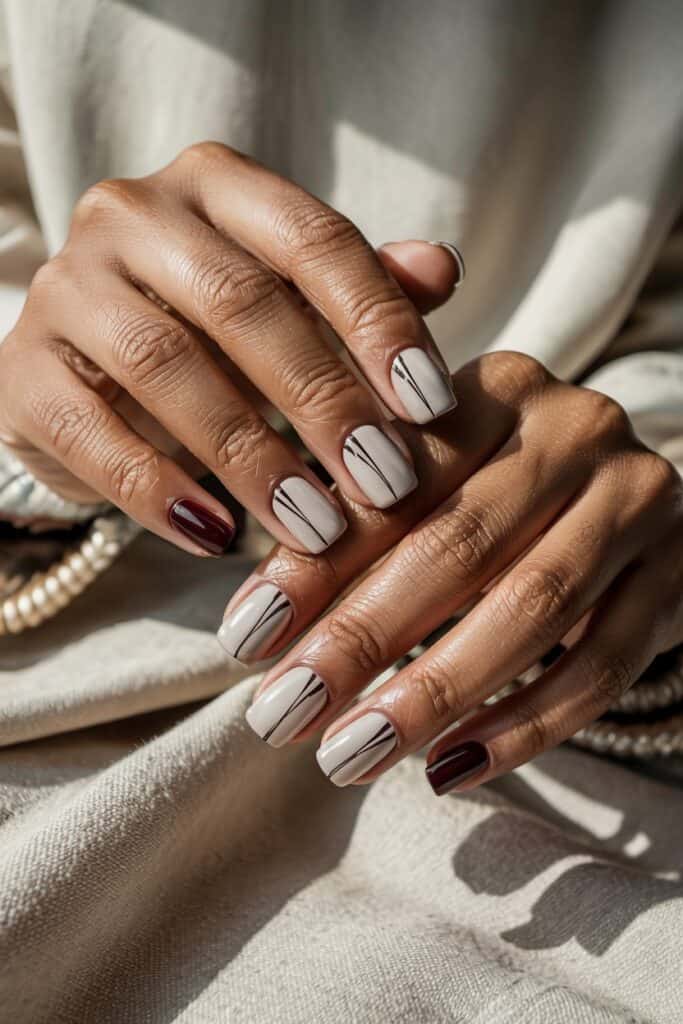 Square short nails painted in a creamy nude base with thin black line accents and a few deep burgundy solid nails for contrast. Hands are posed on a soft beige fabric in natural sunlight.