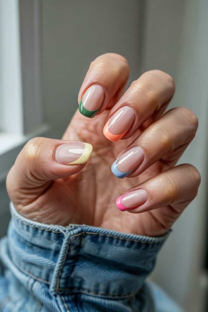 Short square nails with sheer pink bases and multicolor French tips in green, orange, yellow, blue, and pink. The hand is held up near a window in soft natural lighting.
