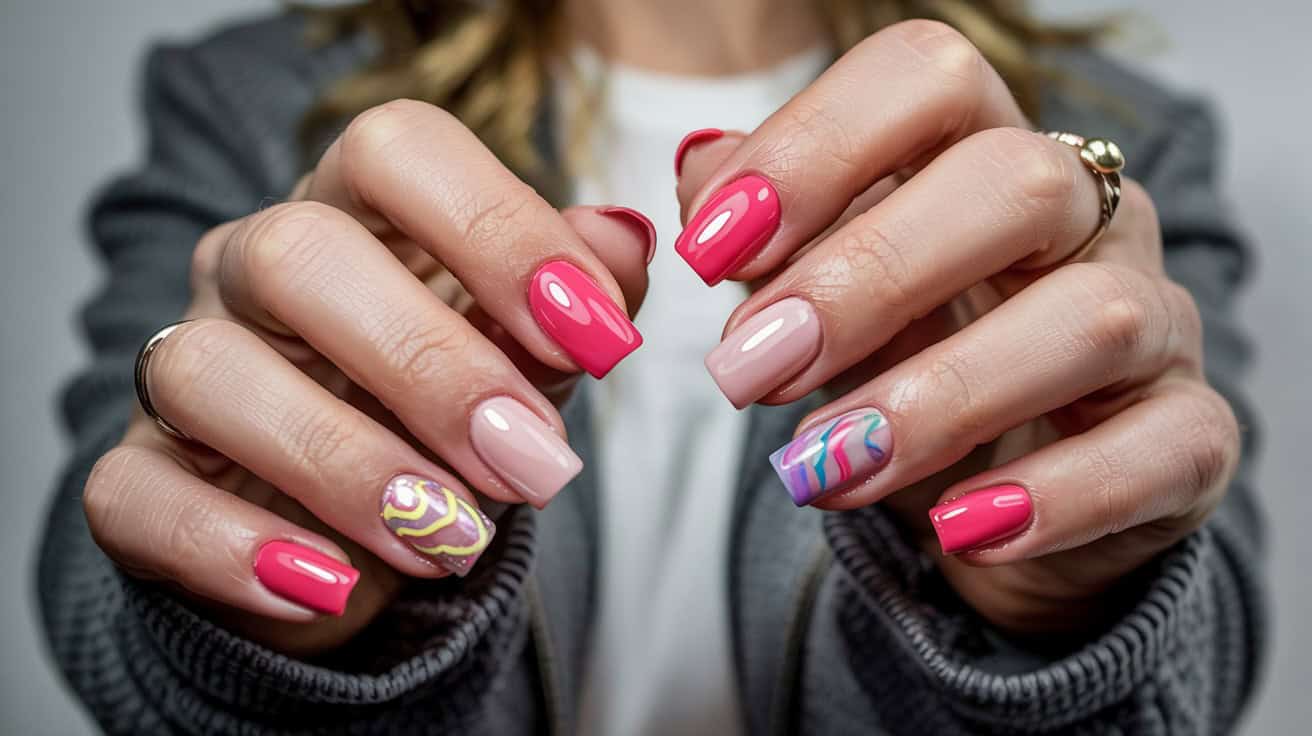 Short square nails featuring a mix of hot pink, blush nude, and abstract swirl designs in pastel and neon tones. Hands are posed in a flattering way to highlight the playful nail art.