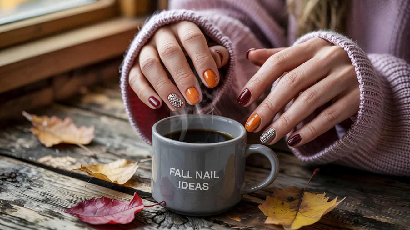 Fall nails with burnt orange and burgundy polish plus textured accent nails, cozy sweater sleeves holding a mug that says "Fall Nail Ideas"