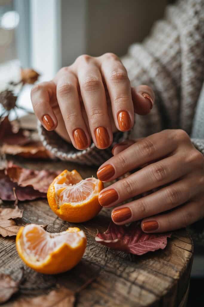 Burnt orange glossy nails styled with peeled mandarin oranges and cozy autumn leaves