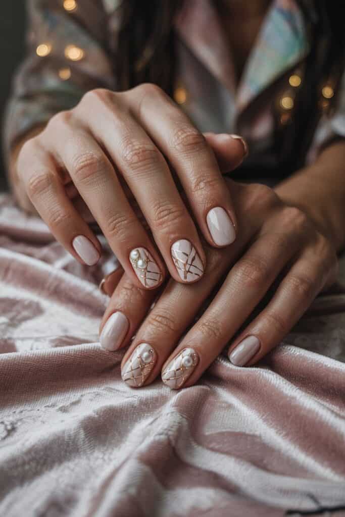 Elegant nude nails with pearl embellishments and gold lattice accents, resting on soft velvet fabric