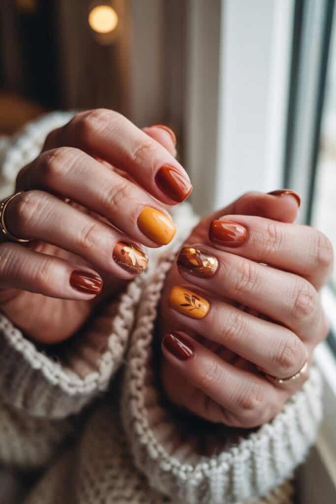 Glossy fall manicure with rich amber and chocolate tones, featuring leaf and metallic gold accents
