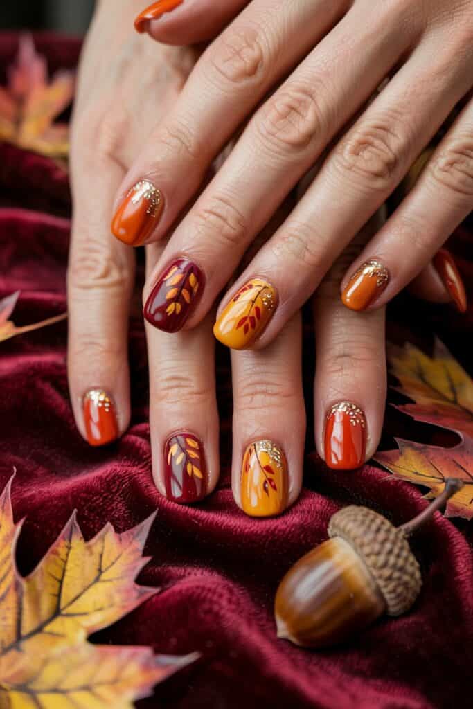 Bright fall nail art in burgundy, mustard, and pumpkin orange with gold glitter tips, styled on velvet with leaves and an acorn