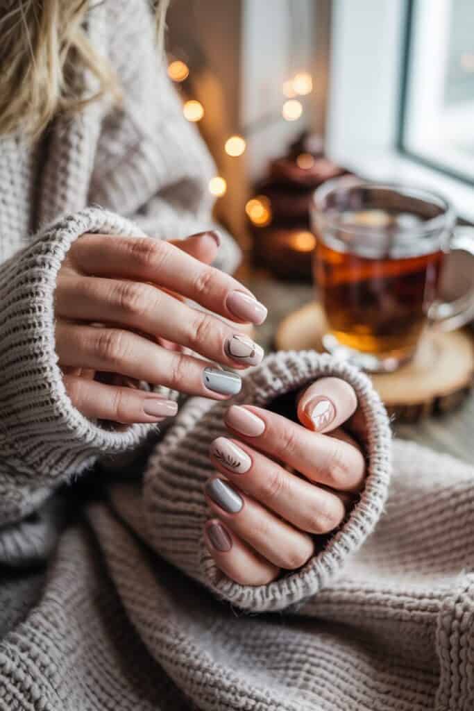 Neutral fall nails in blush, mauve, and gray tones with delicate leaf line art, styled with cozy knit sleeves