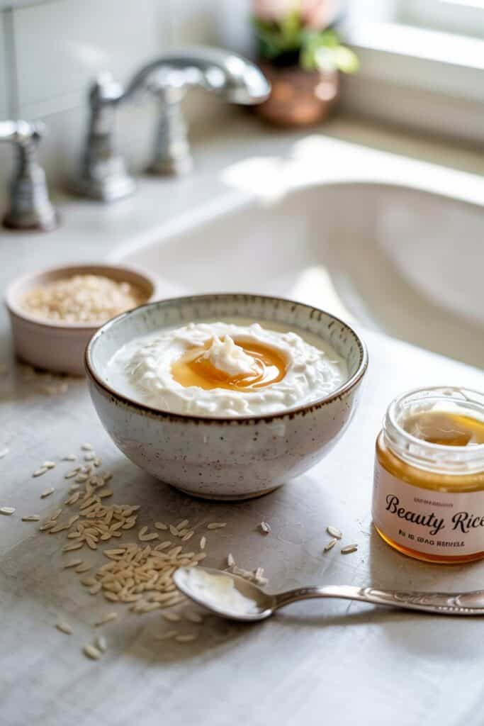 a bowl of diy rice face mask on bathroom counter