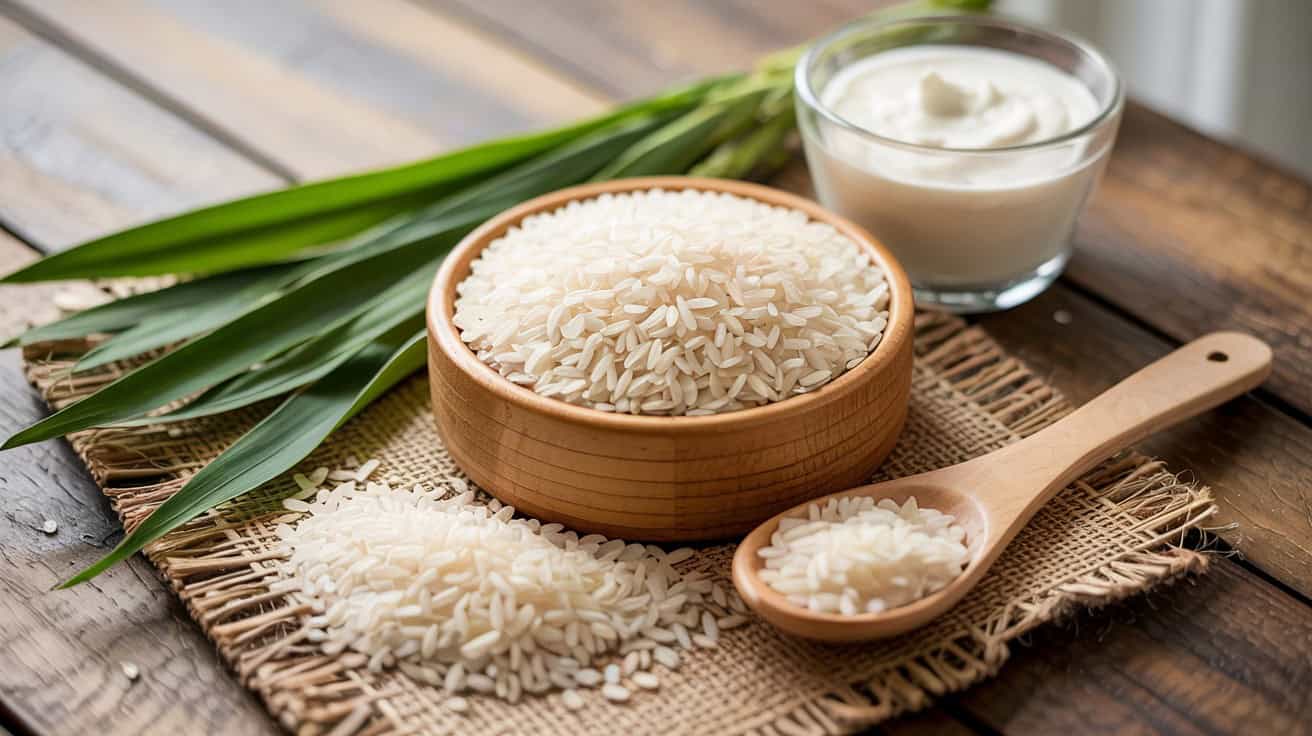 Rice with natural skincare ingredients on wooden surface for healthy beauty routines.