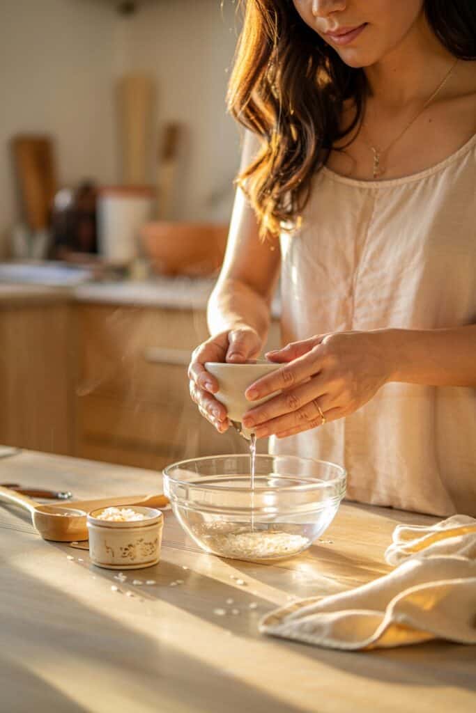a woman making food in a bowl