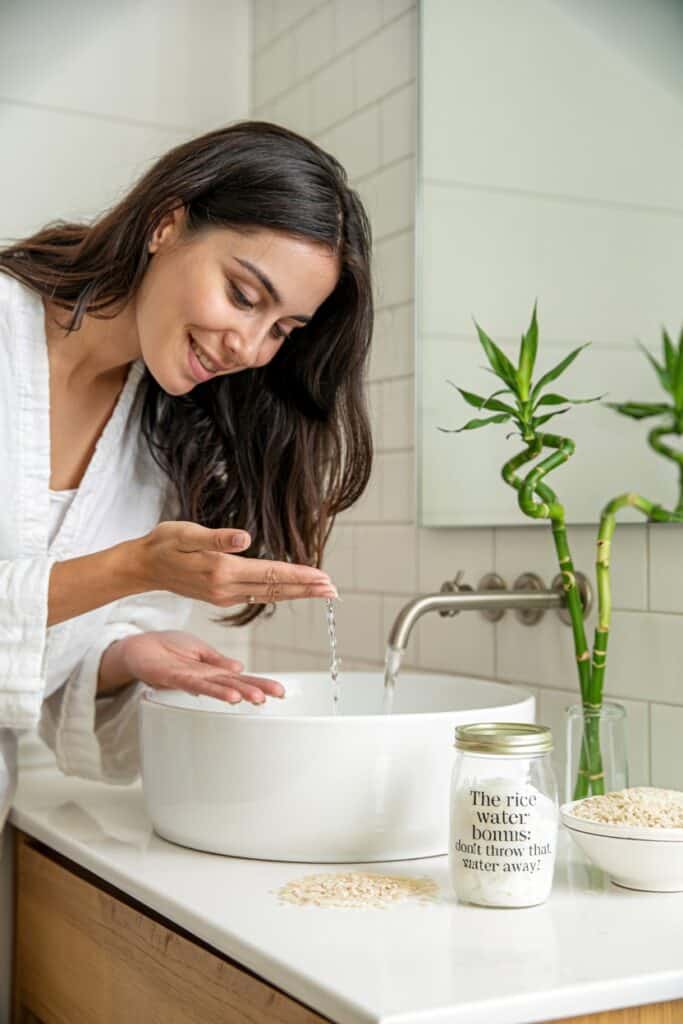 a woman washing her hands in a white bowl