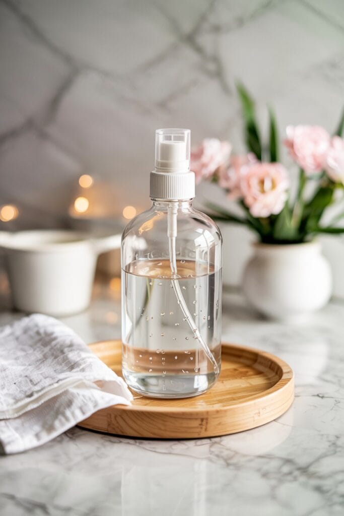 a bottle of rice water on a wooden tray
