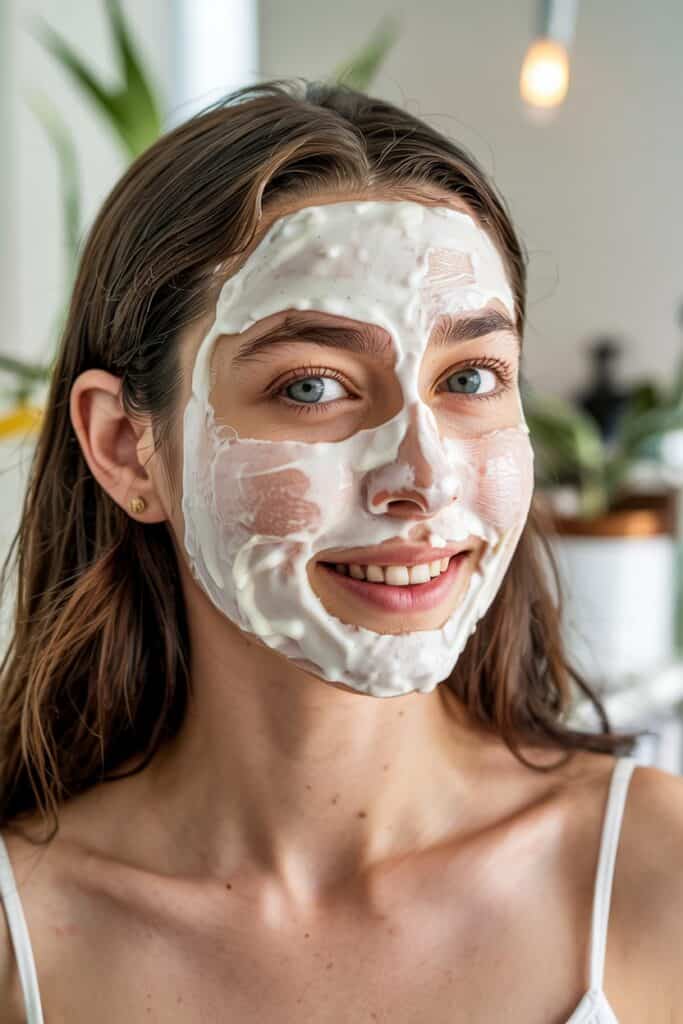 a woman with rice face mask on her face