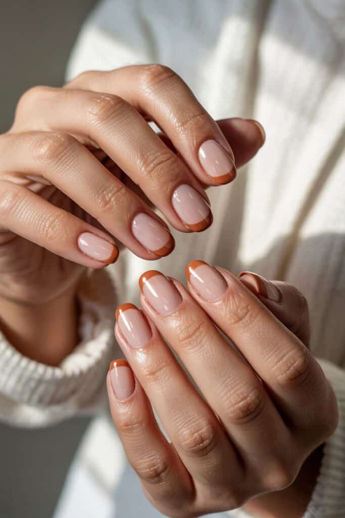 4. **Burnt Orange French Tips**: Nude nails with burnt orange French tips offering a subtle fall-themed manicure.
