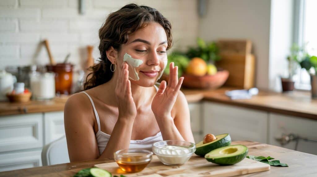 Natural skincare ingredients arranged beautifully with small bowls of honey, yogurt, and fresh produce for DIY face masks.