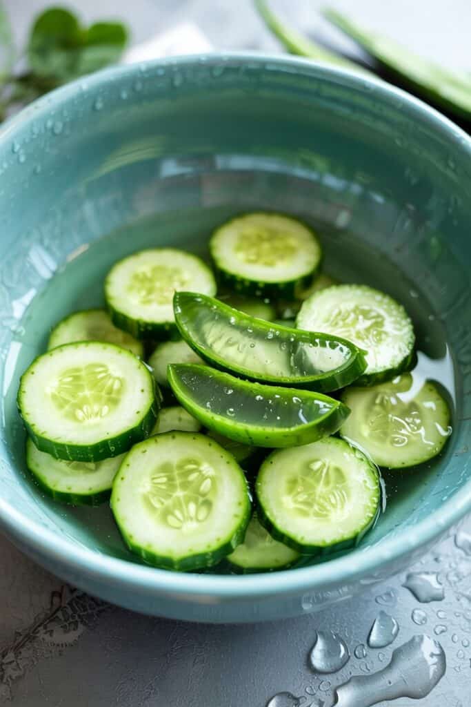 (Cucumber-Aloe Cooling Refresh):
"Fresh cucumber slices surrounding a light green cucumber-aloe mask in a blue bowl with aloe leaf."