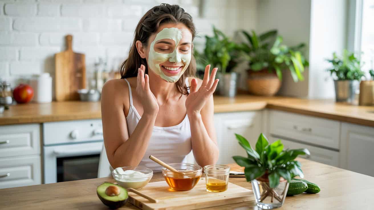 Woman with a green face mask smiling in a bright kitchen, surrounded by natural ingredients like honey, yogurt, and avocado for DIY skincare treatments.