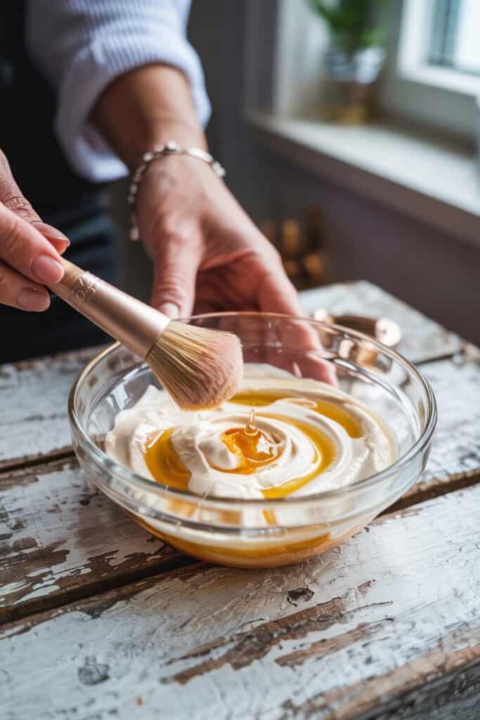 (Honey-Yogurt Hydration Miracle):
"Creamy honey-yogurt face mask in a small bowl with honey drizzling from a wooden dipper.