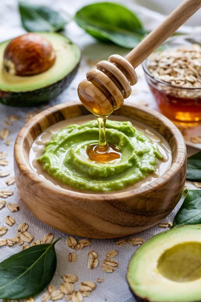 (Avocado-Oatmeal Soothing Treatment):
"Green avocado-oatmeal mask with half an avocado and oats scattered nearby on a wooden surface."
