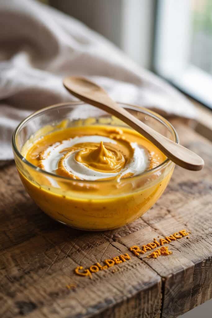 (Turmeric Brightening Mask):
"Vibrant yellow turmeric mask in a glass bowl with turmeric powder and yogurt on a dark surface."
