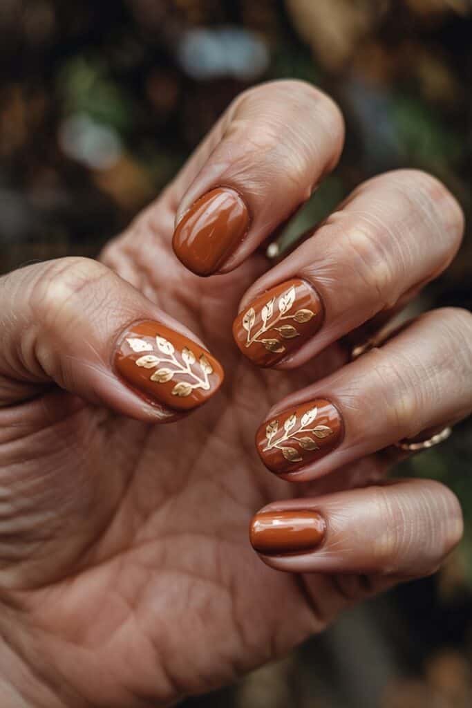 6. **Leaf Stamped Accent**: Burnt orange nails with a delicate gold leaf stamp accent for subtle fall flair.
