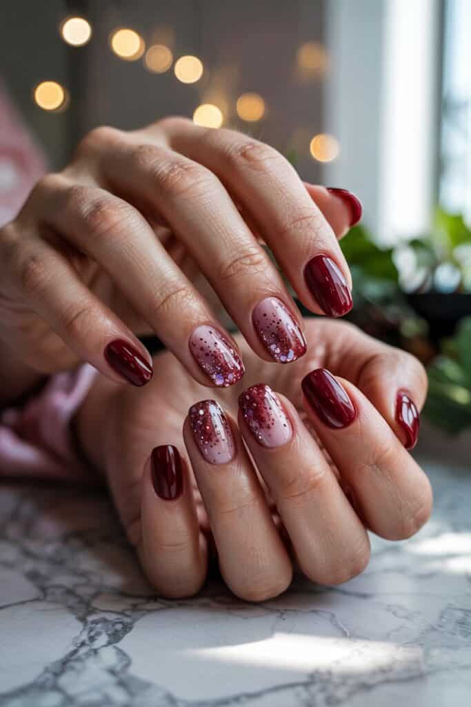 Cherry cola nails with micro-glitter gradient fading from cuticle to mid-nail for sophisticated sparkle.