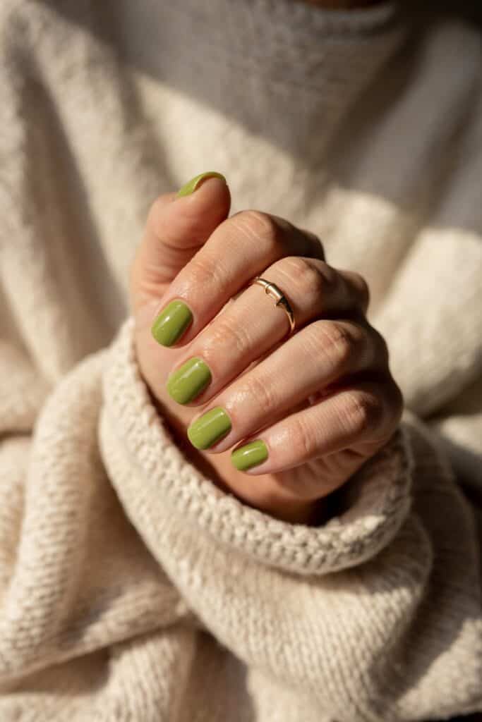 Muted pickle green accent nail paired with neutral beige nails, showcasing the 2025 color trend.