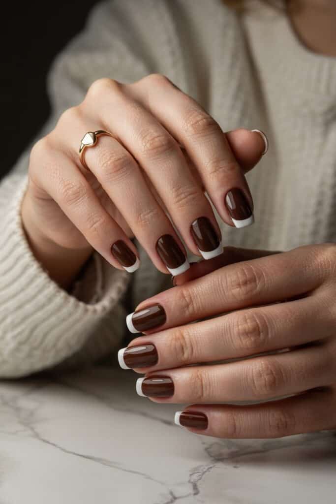 Espresso brown nails with delicate micro-French tips in champagne, elongating short nail beds.