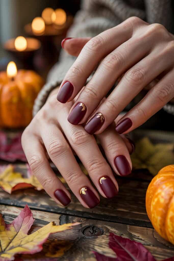 Short nails with velvet matte top coat in rich fall tones, creating a cashmere-like finish.