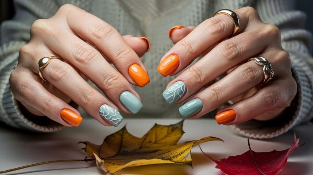 Collection of short fall nail designs featuring warm autumn colors and elegant finishes for mature women.