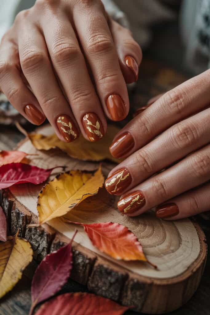Styled photo of short fall nails holding a knit sweater in natural light for social media content.