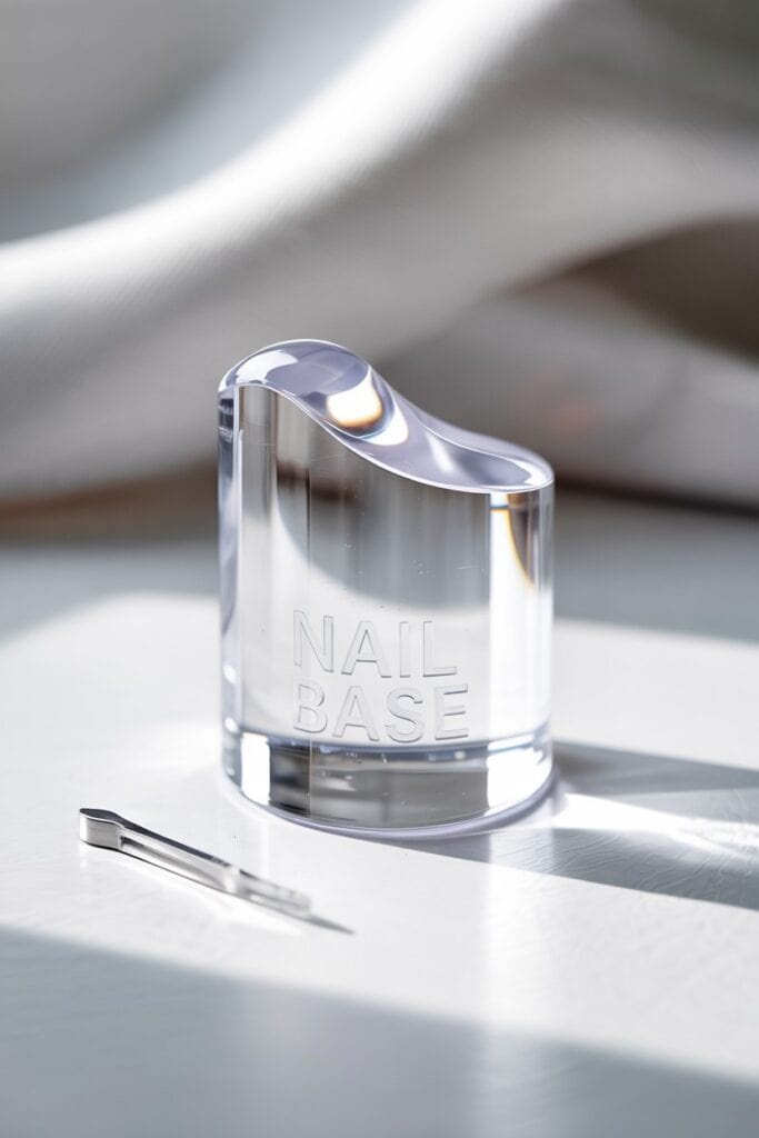 Ridge-filling base coat application on short nails, creating a smooth canvas for polish.