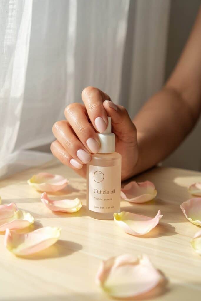 Close-up of cuticle oil application on mature hands, showing proper hydration technique.