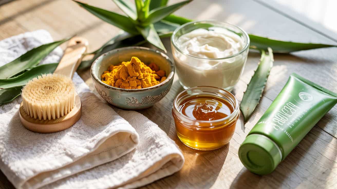 Natural skincare ingredients including turmeric powder, honey, yogurt, aloe vera gel, and a facial brush arranged on a wooden surface with fresh aloe vera leaves.