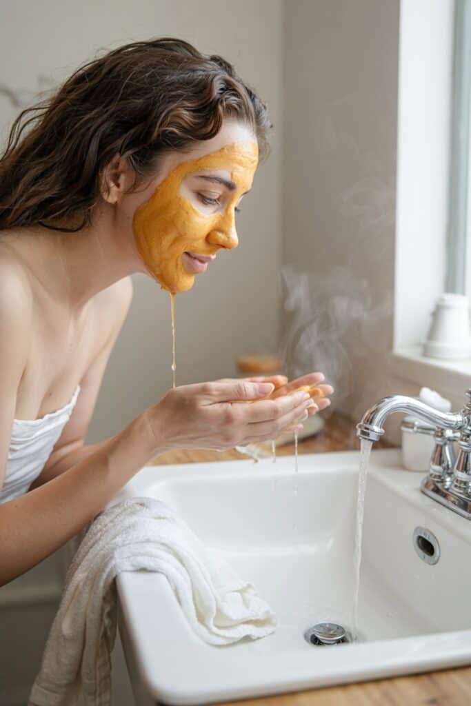 Woman rinsing off turmeric face mask with warm water in gentle circular motions.
