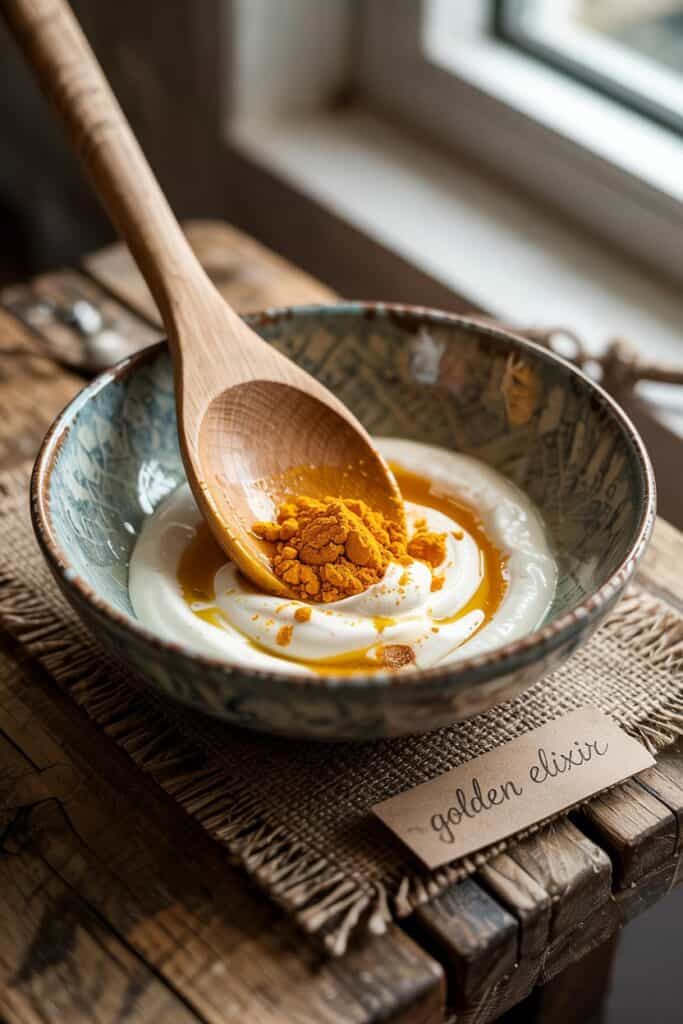 A small bowl containing freshly mixed turmeric face mask with golden yellow paste of turmeric, honey, and yogurt.
