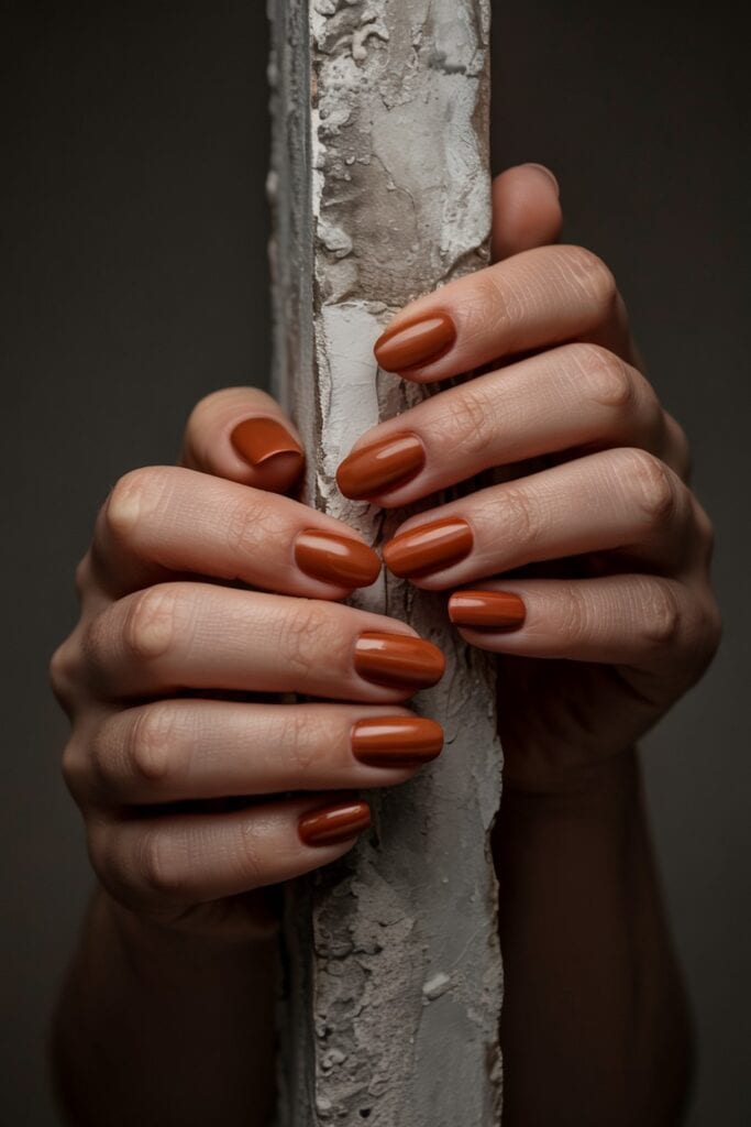 2. **Matte Burnt Orange**: Elegant matte burnt orange nails with a sophisticated flat finish on long almond-shaped nails.
