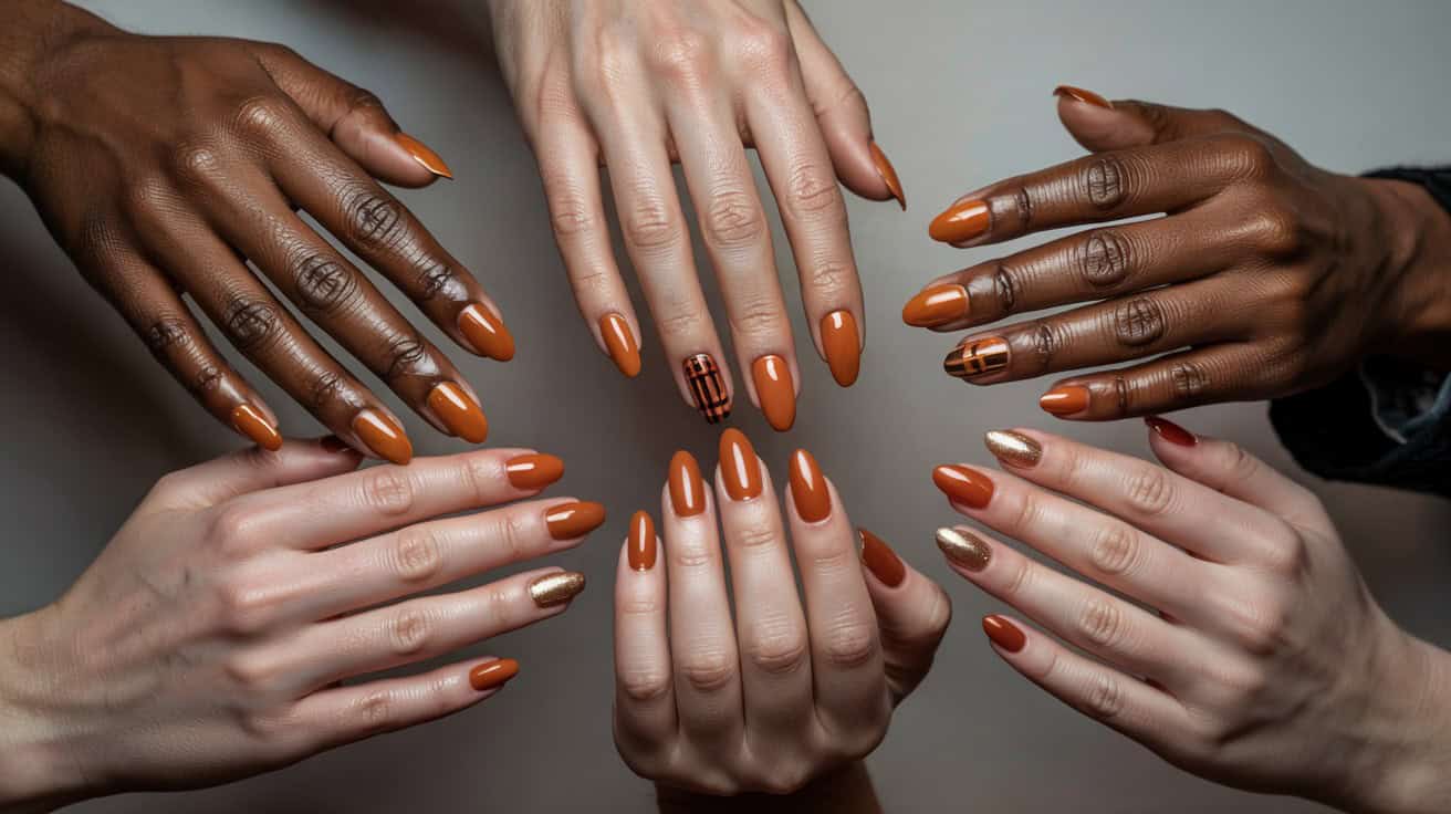 Diverse hands arranged in a circle showcasing burnt orange nails designs on different skin tones, including one accent nail with plaid pattern and several metallic gold accent nails.