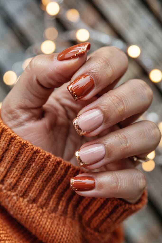 17. **Burnt Orange Tips with Glitter Lining**: Nude nails with burnt orange French tips outlined with a thin line of gold glitter.