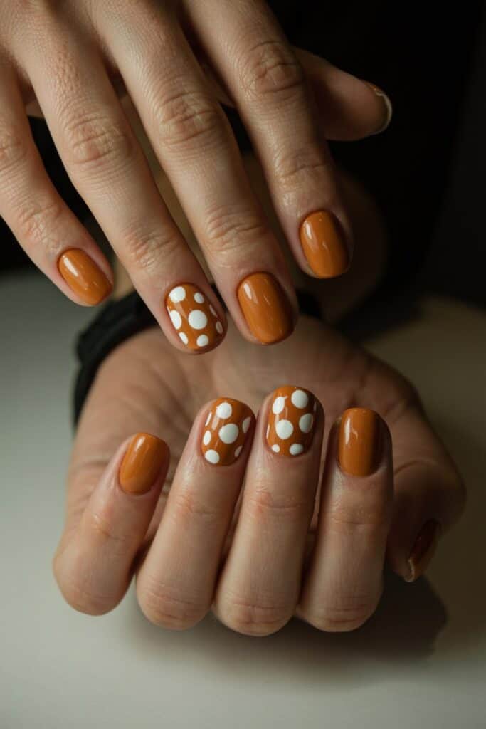 13. **Burnt Orange and White Dots**: Burnt orange nails with playful white polka dots on accent fingers.
