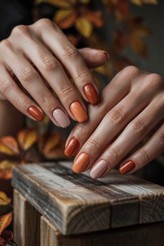12. **Burnt Orange Ombre**: Gradient burnt orange nails transitioning from light peach to deep rust in a smooth ombre effect.

