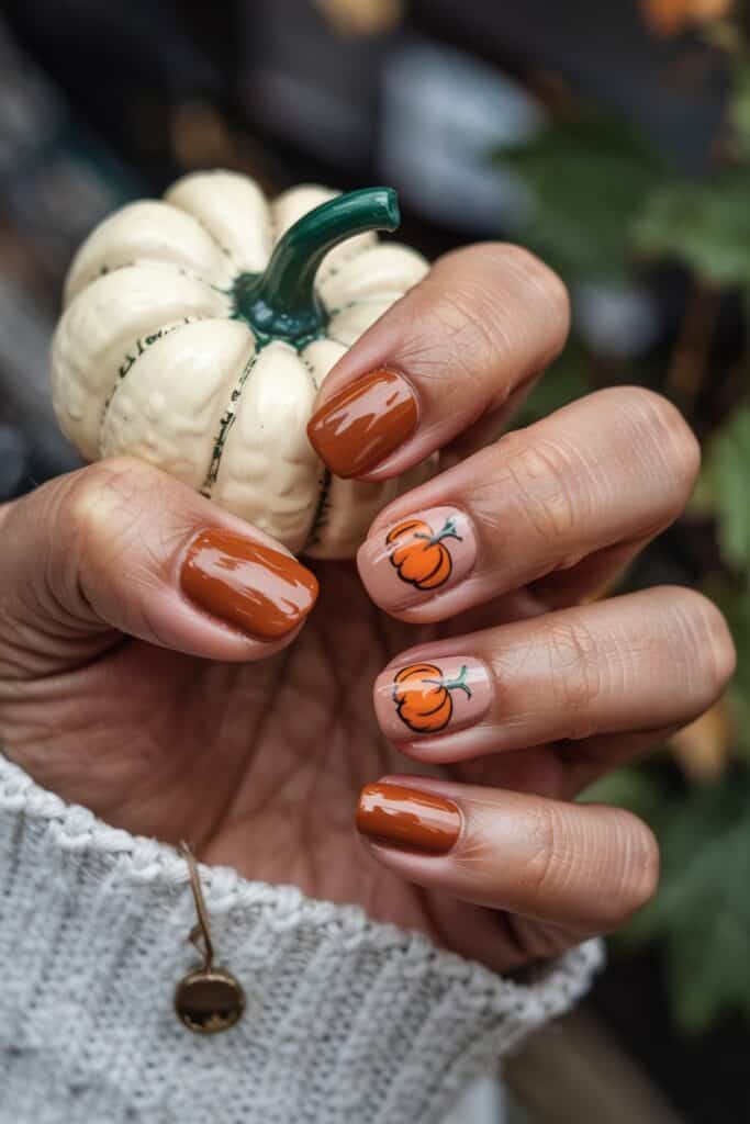 10. **Pumpkin Accent Nail**: Burnt orange manicure featuring a cute pumpkin design on the accent nail.
