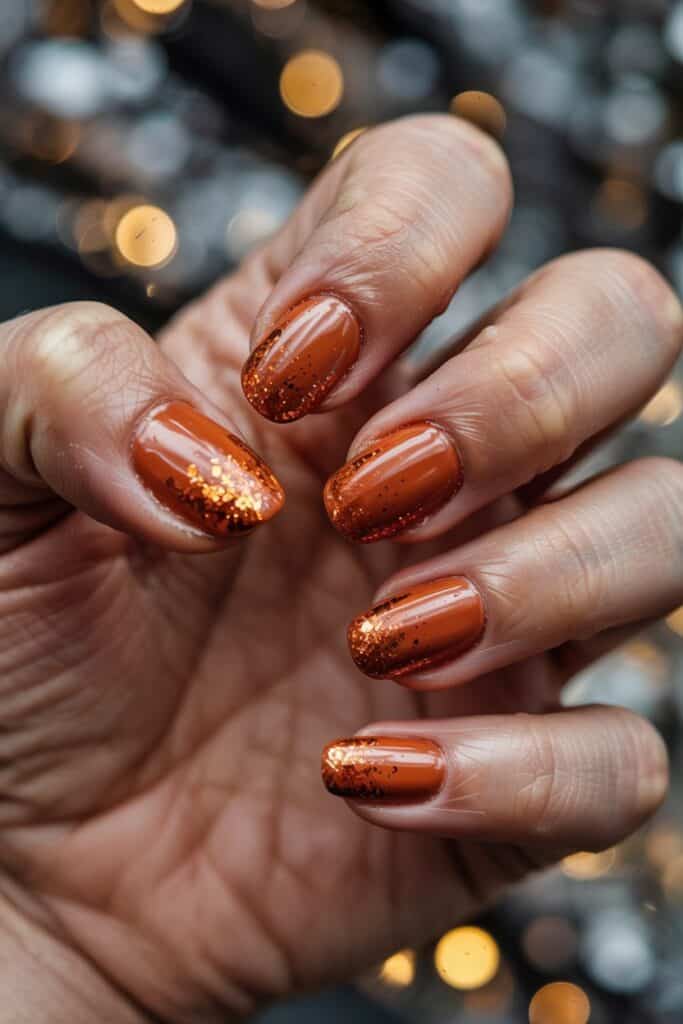 9. **Burnt Orange Glitter Fade**: Burnt orange nails with a sparkling gold glitter gradient fading from the cuticle.
