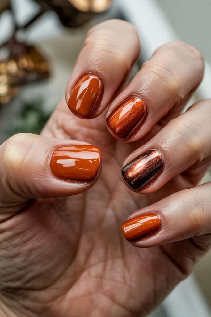 14. **Burnt Orange and Copper Chrome**: Glossy burnt orange nails with a striking copper chrome accent nail.
