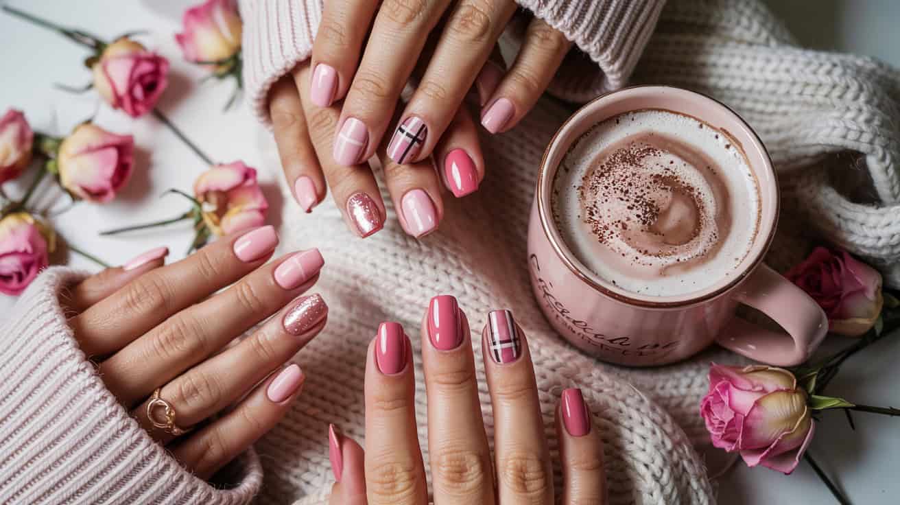 Hands with various pink fall nails designs including plaid accent nails, rose gold glitter, and French tips displayed with a pink mug of hot chocolate and rose buds on a cozy knit sweater.