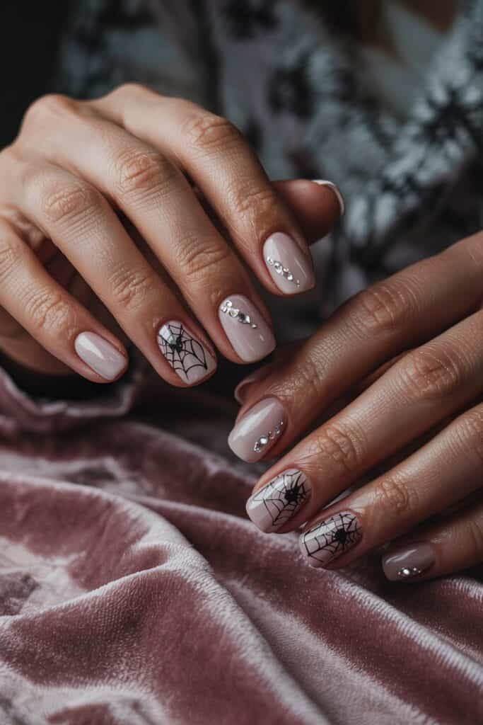 Short nude nails with delicate silver spider web designs in the corners for an elegant Halloween style.
