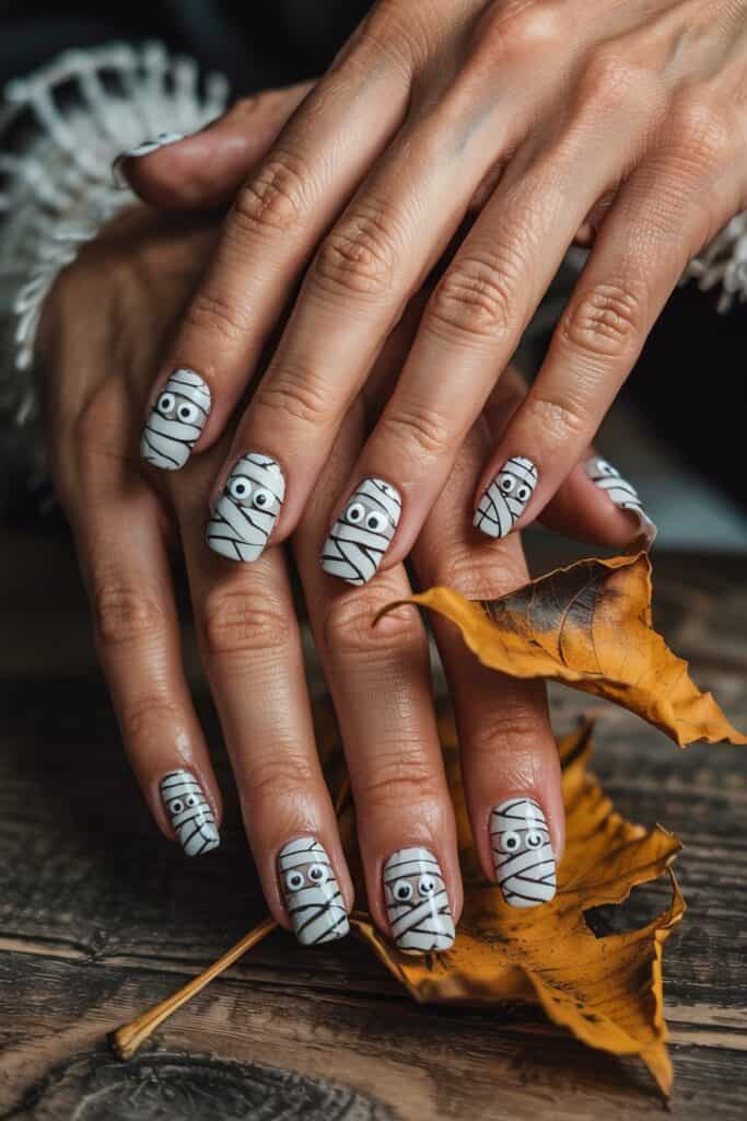 Short white nails with thin gray stripes mimicking mummy wraps and tiny peeking eyes on an accent nail.
