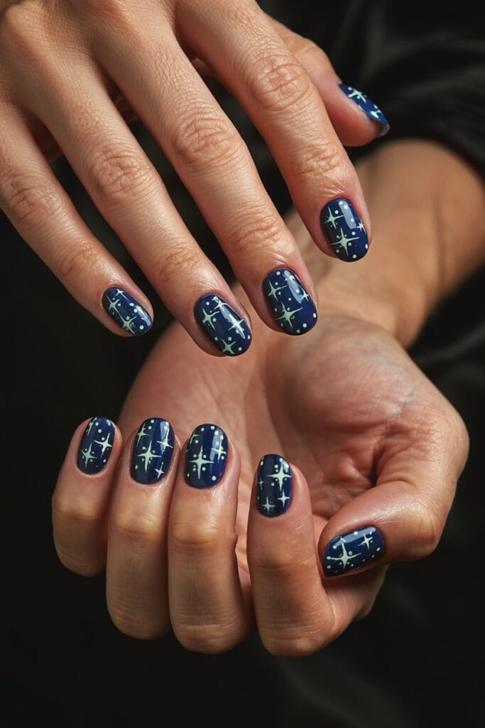 Short navy blue nails decorated with glow-in-the-dark star patterns and silver accents.
